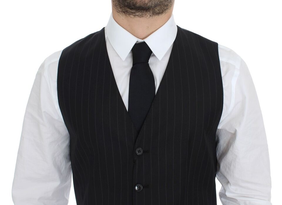 Dolce &amp; Gabbana Black Striped Wool Silk Dress Vest Waistcoat