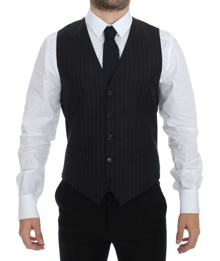 Dolce &amp; Gabbana Black Striped Wool Silk Dress Vest Waistcoat