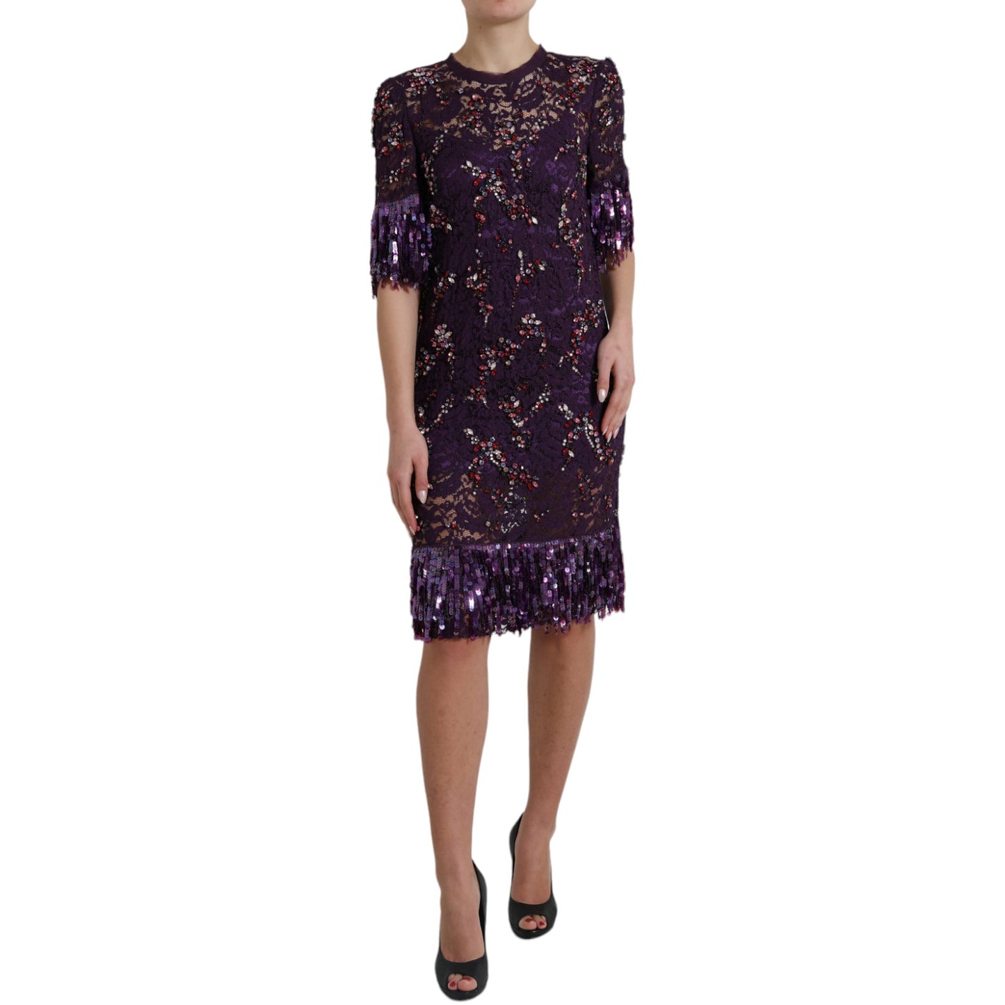 Dolce &amp; Gabbana Purple floral lace crystal embedded dress