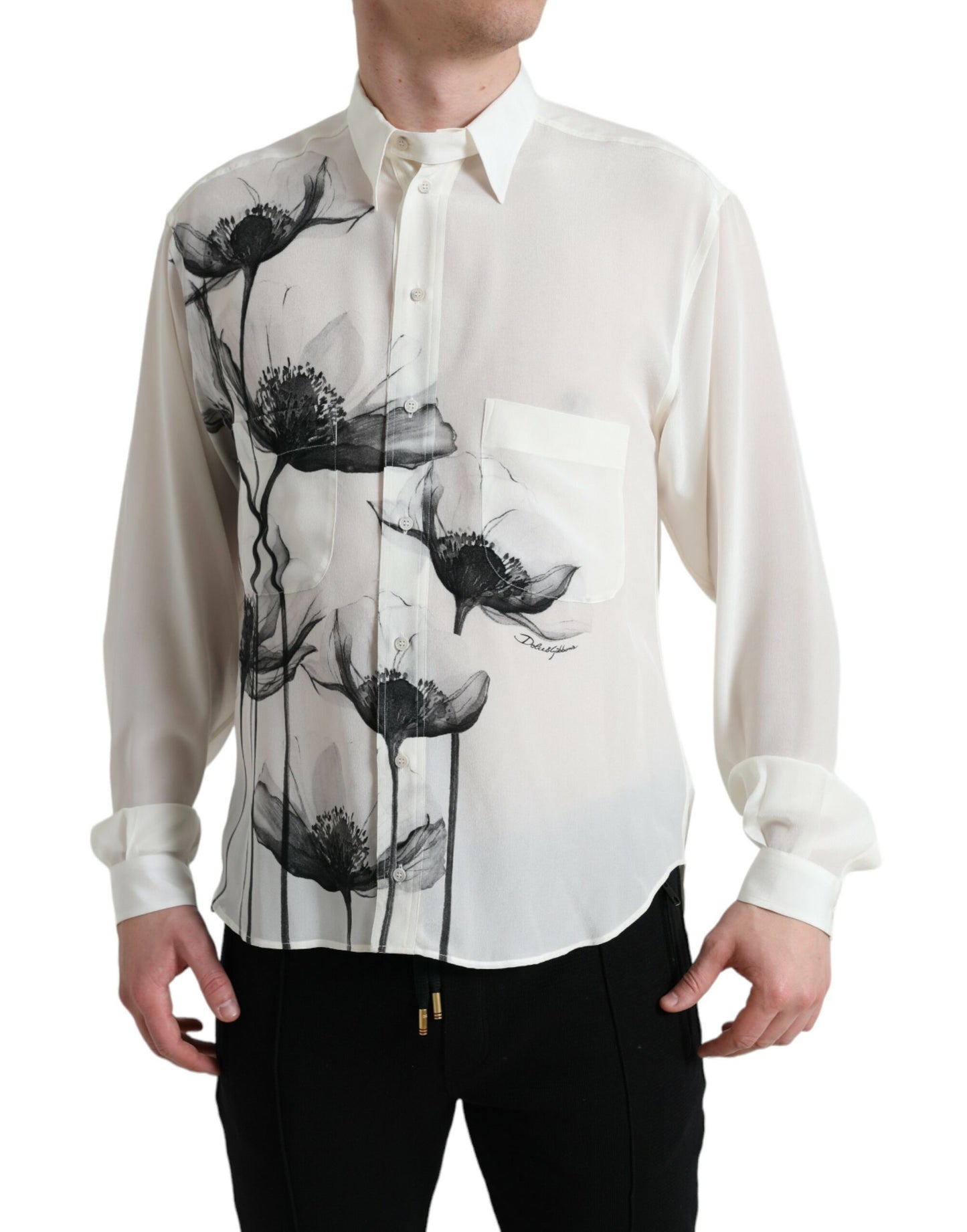 Dolce &amp; Gabbana White Floral Collared Dress Silk Shirt