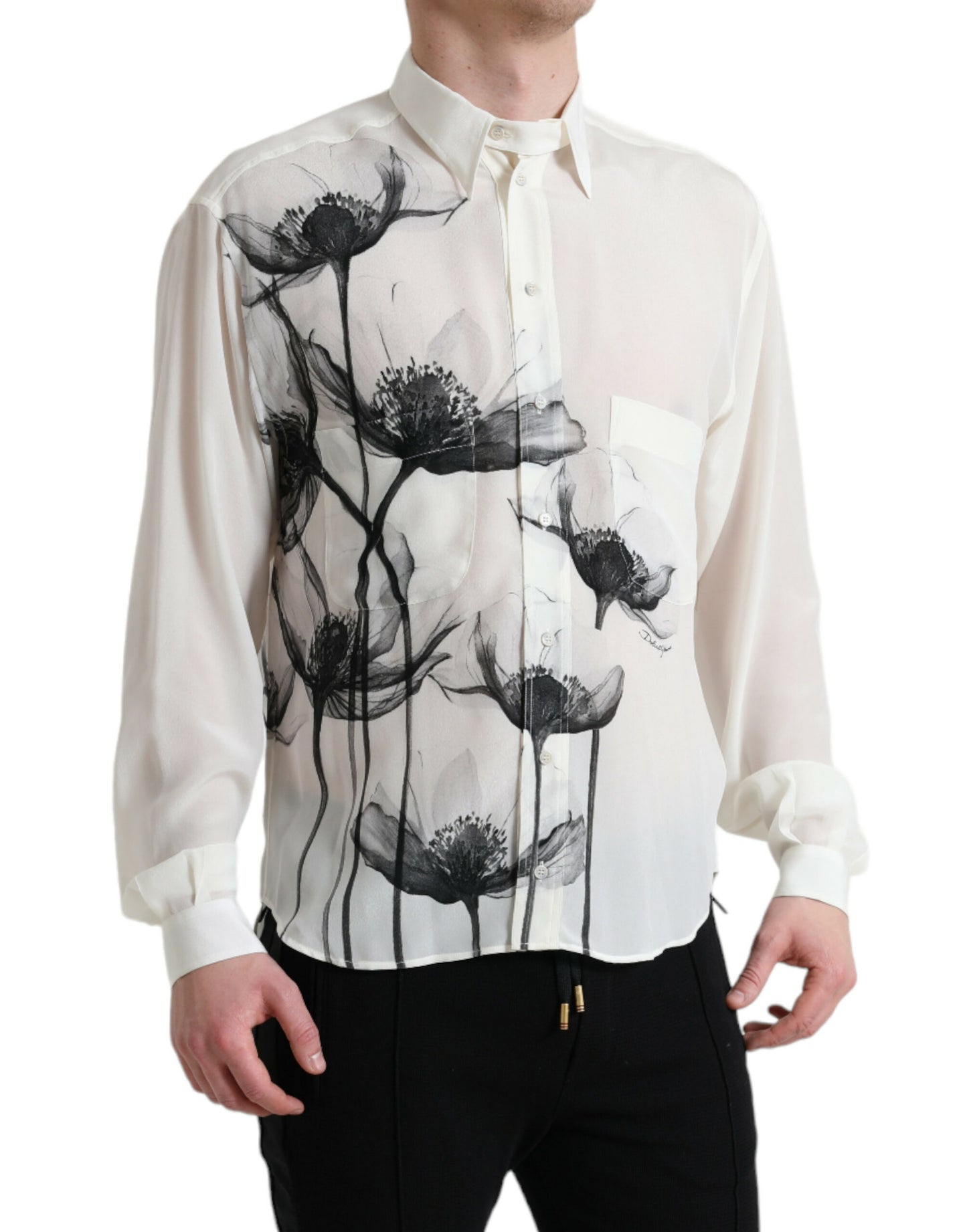 Dolce &amp; Gabbana White Floral Collared Dress Silk Shirt