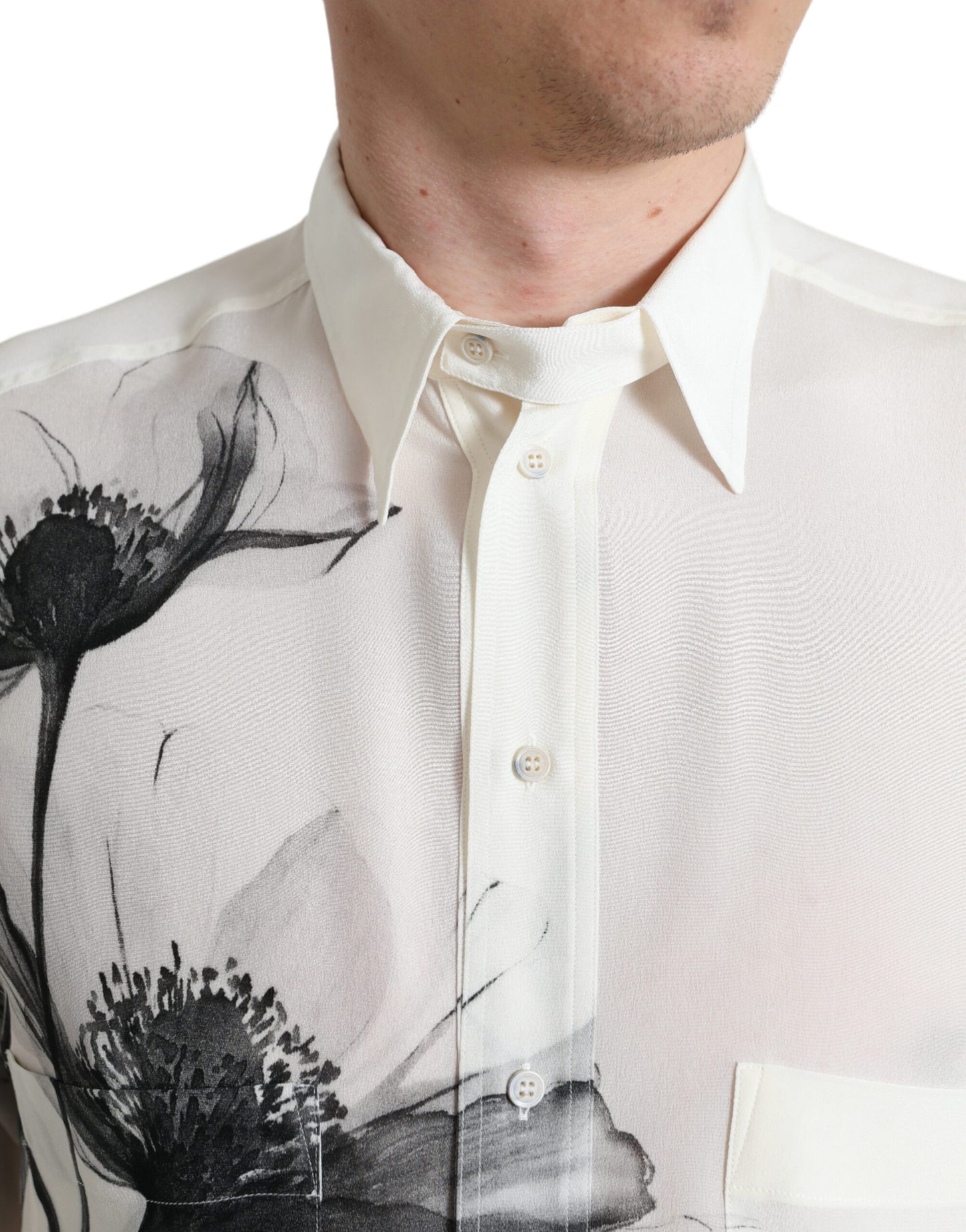 Dolce &amp; Gabbana White Floral Collared Dress Silk Shirt