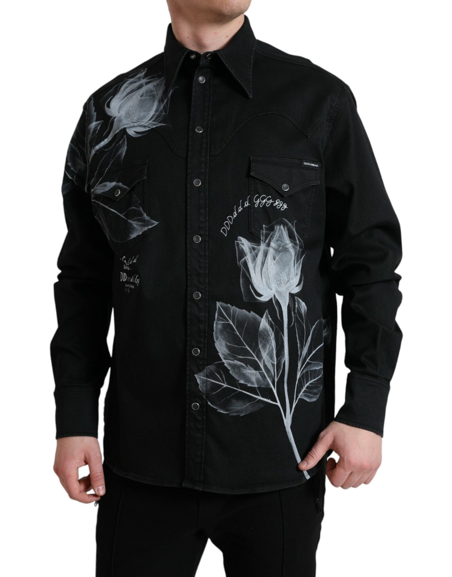 Dolce &amp; Gabbana Black Floral Cotton Collared Dress Shirt