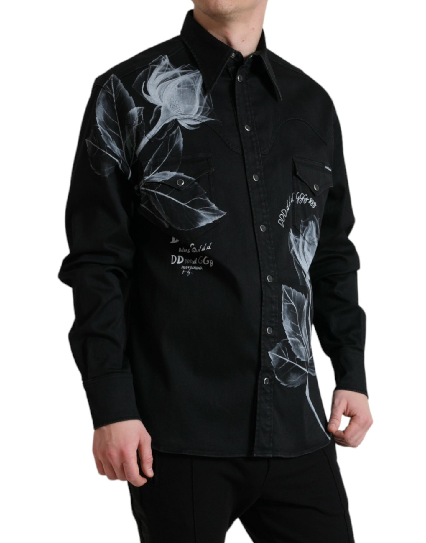 Dolce &amp; Gabbana Black Floral Cotton Collared Dress Shirt