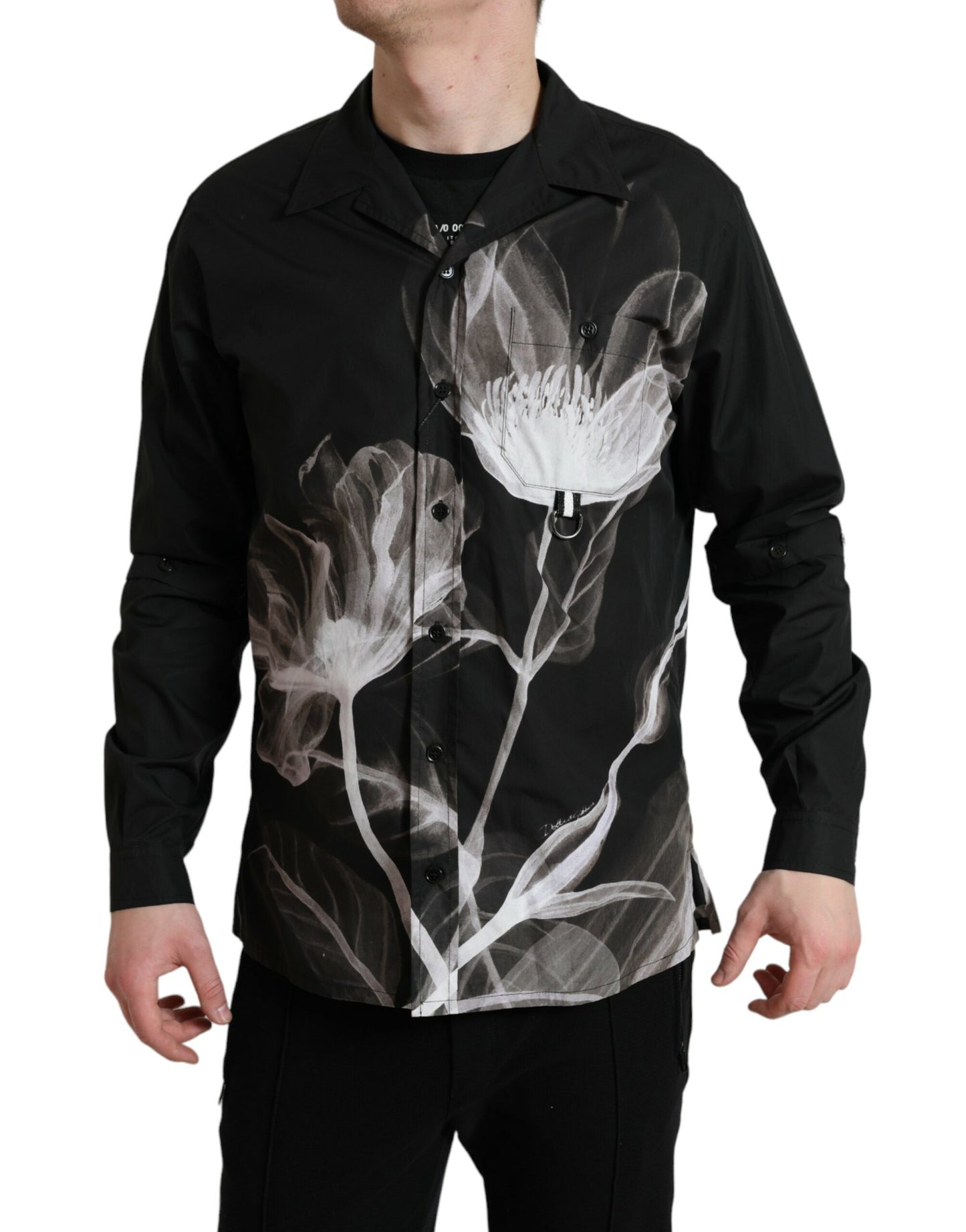 Dolce &amp; Gabbana Black Floral Cotton Collared Long Sleeves Men Shirt