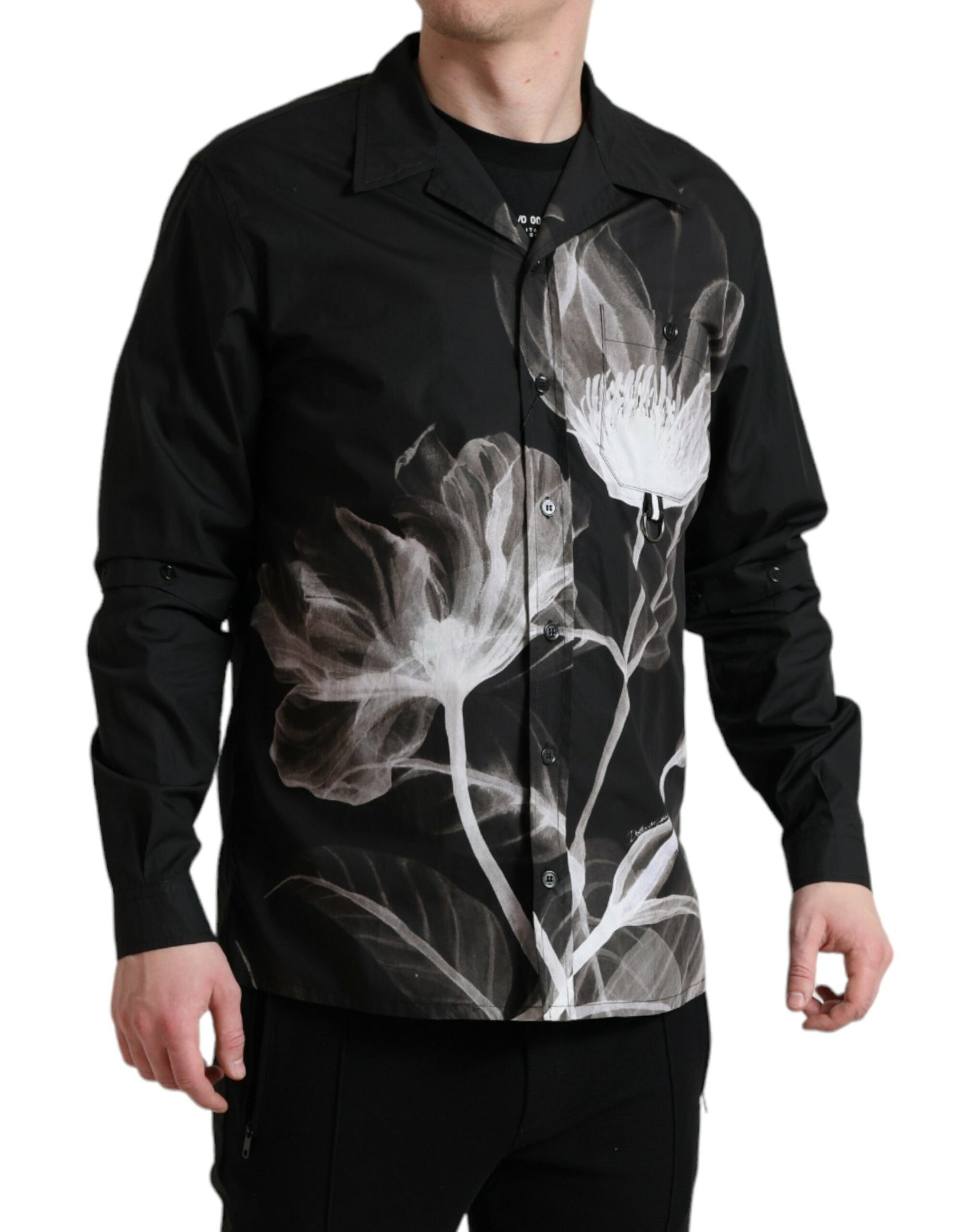 Dolce &amp; Gabbana Black Floral Cotton Collared Long Sleeves Men Shirt