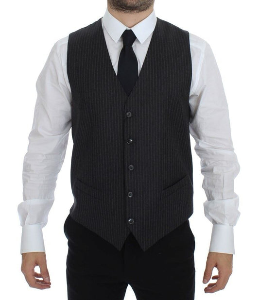 Dolce &amp; Gabbana Gray Striped Wool Single Breasted Vest