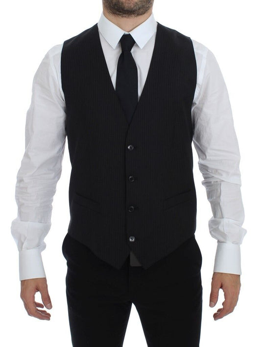 Dolce &amp; Gabbana Black Striped Wool Single Breasted Vest