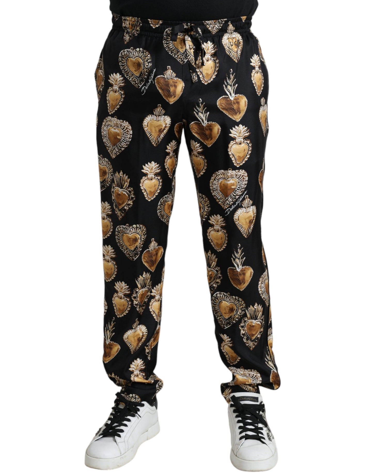 Dolce &amp; Gabbana Black Heart Print Silk Men Pajama Pants