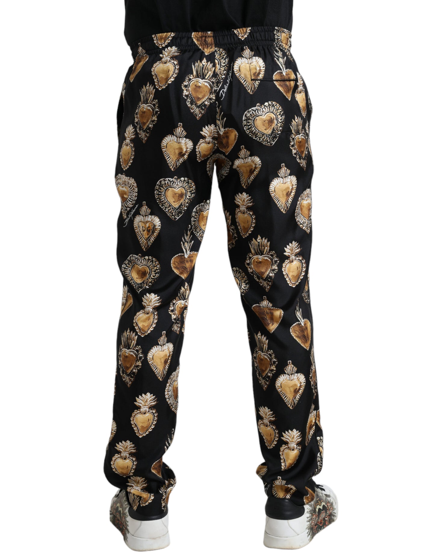 Dolce &amp; Gabbana Black Heart Print Silk Men Pajama Pants