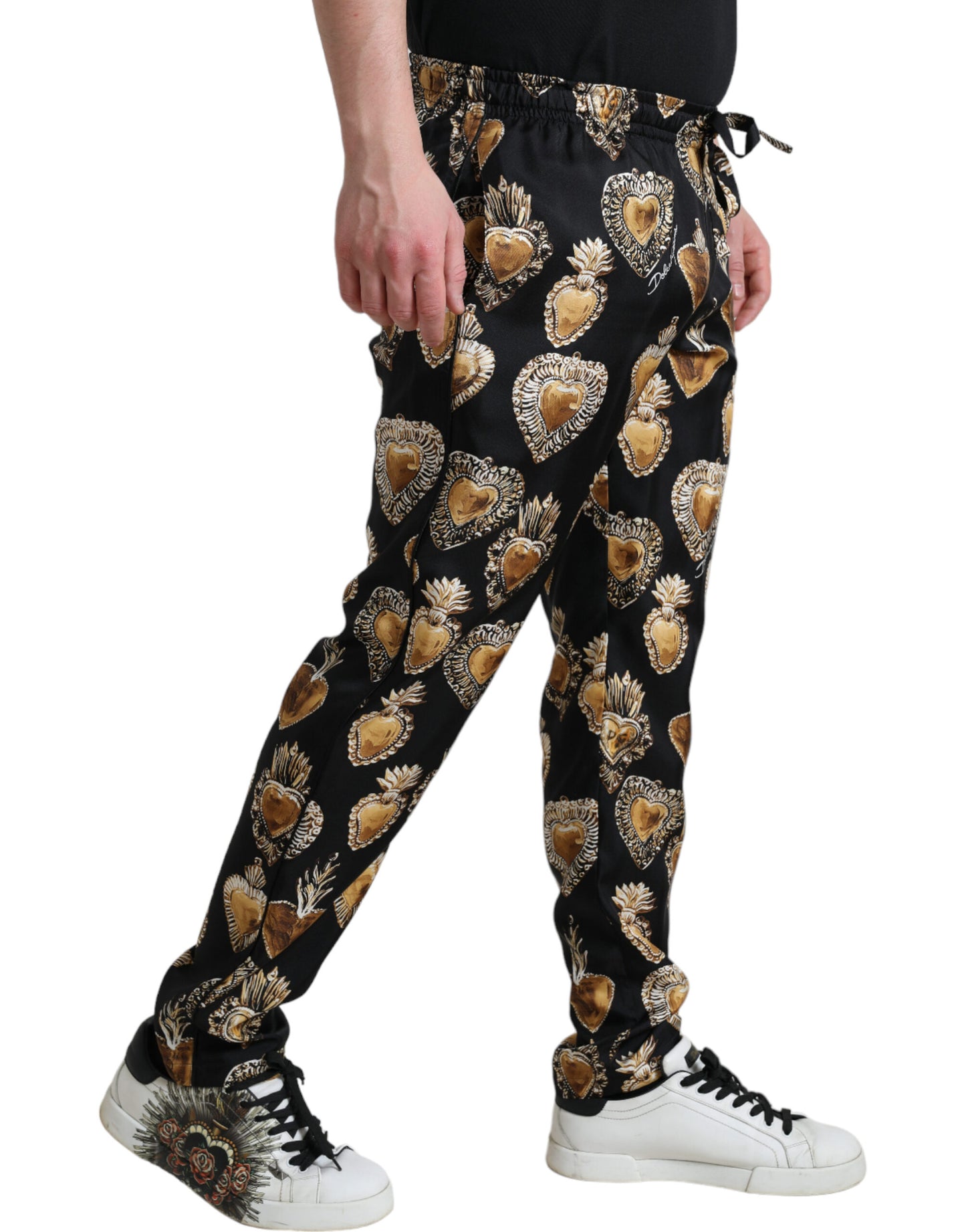 Dolce &amp; Gabbana Black Heart Print Silk Men Pajama Pants