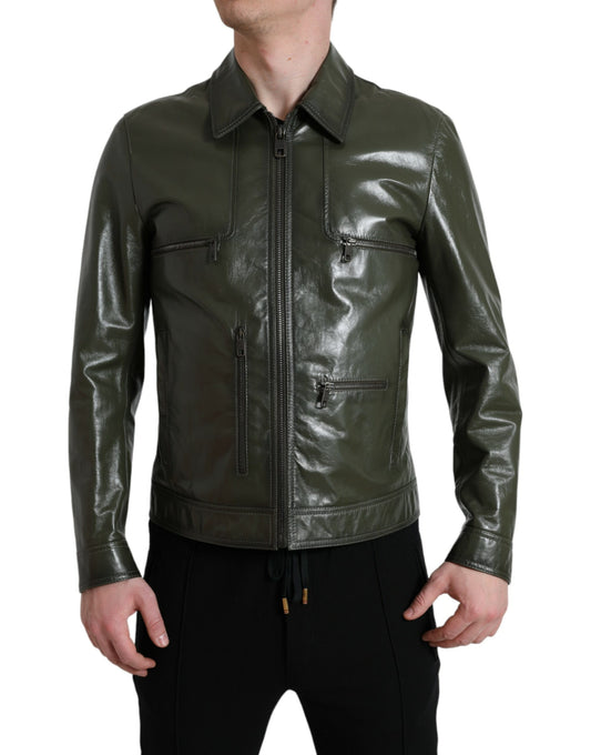 Dolce &amp; Gabbana Green Leather Collared Biker Full Zip Jacket