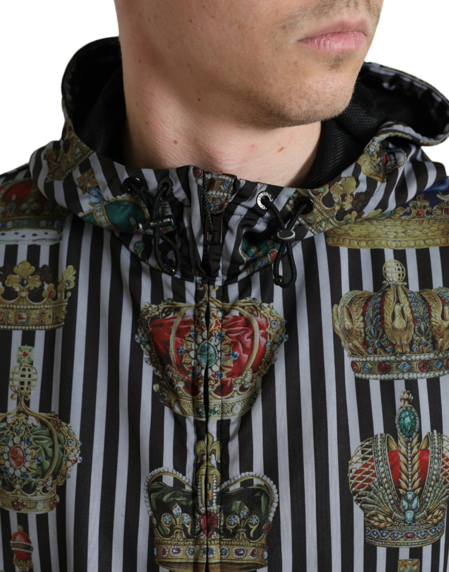 Dolce &amp; Gabbana Black White Striped Crown Hooded Jacket