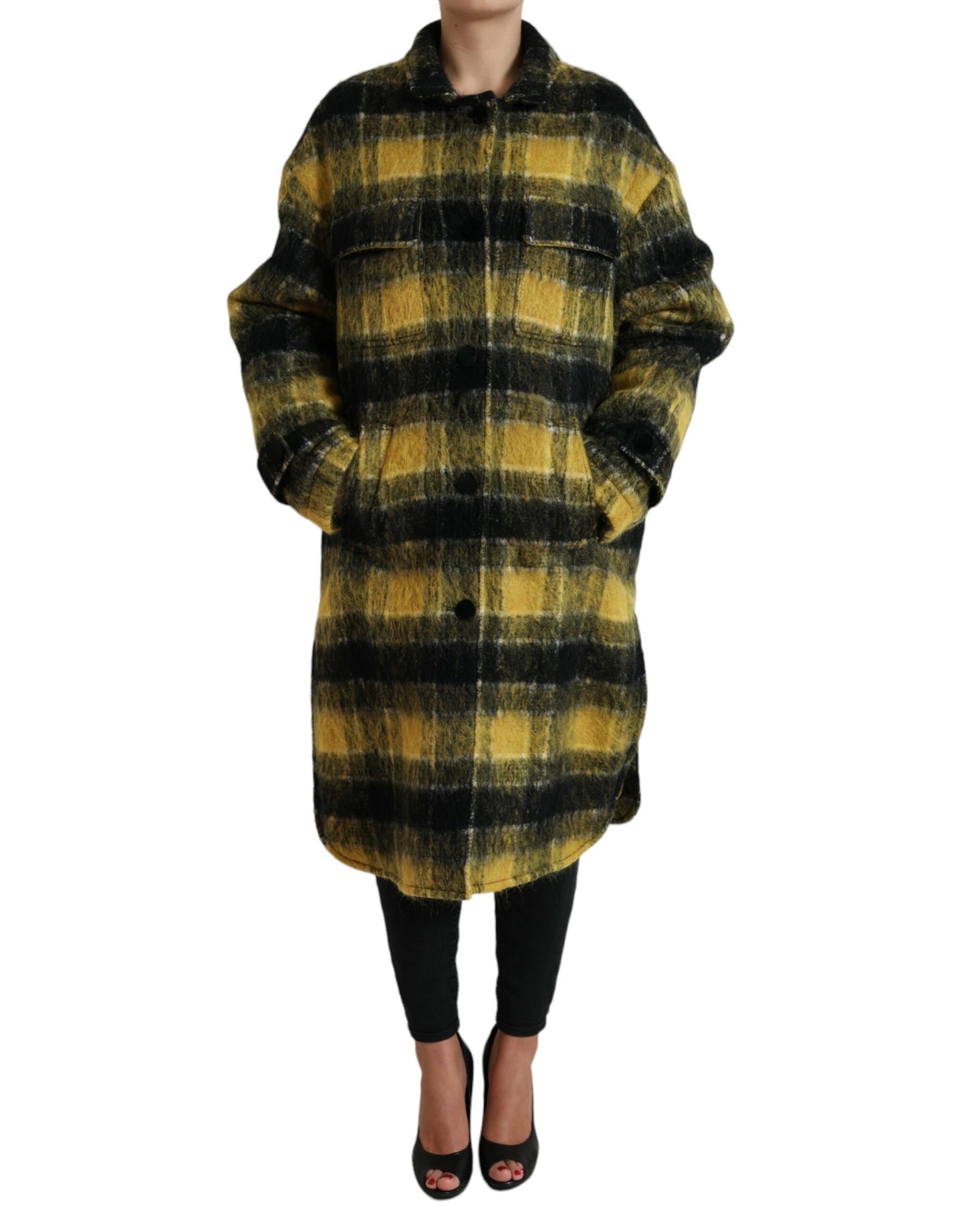 Dolce &amp; Gabbana Yellow Plaid Long Sleeve Casual Coat Jacket