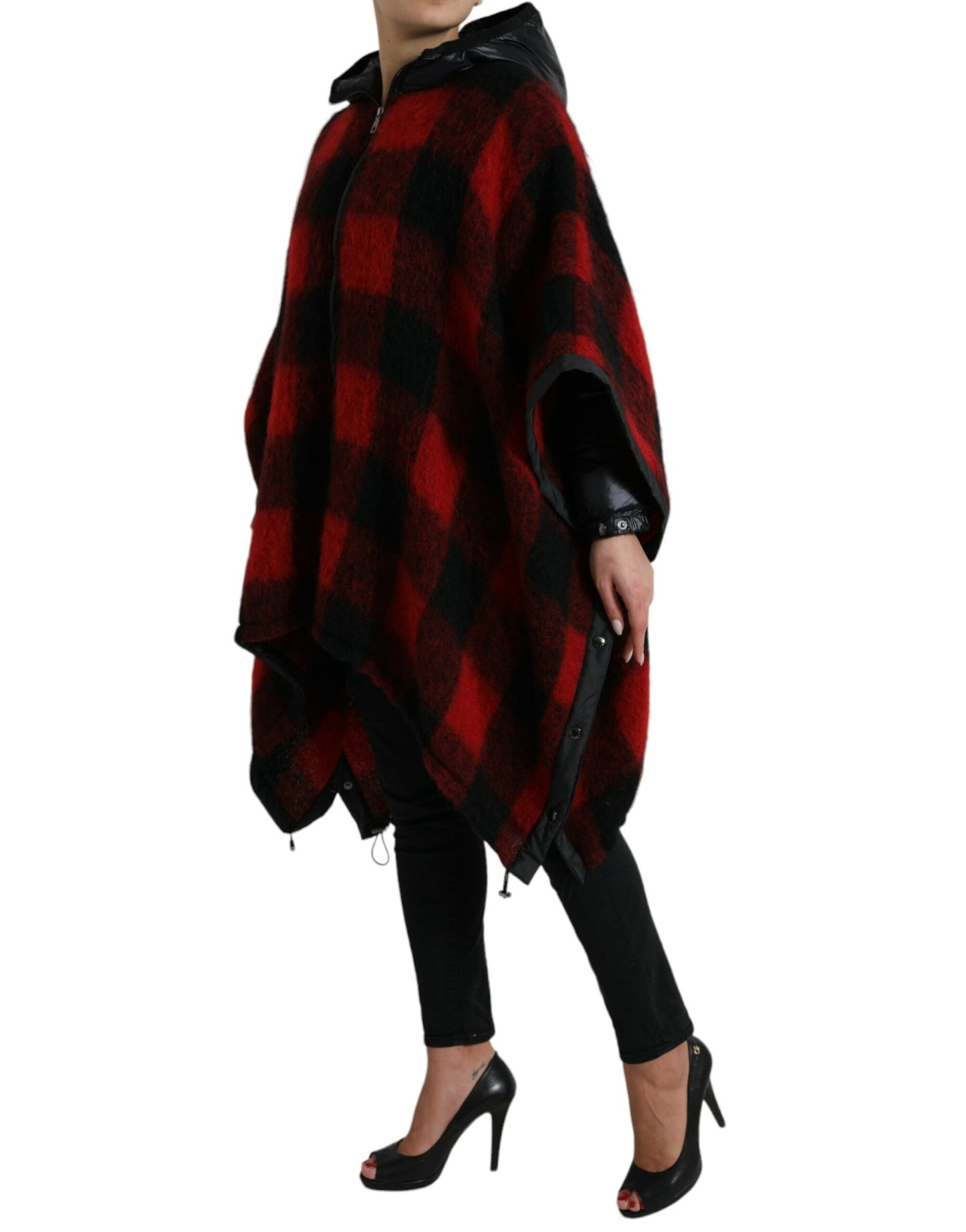 Dolce &amp; Gabbana Black Red Buffalo Check Hooded Poncho Jacket