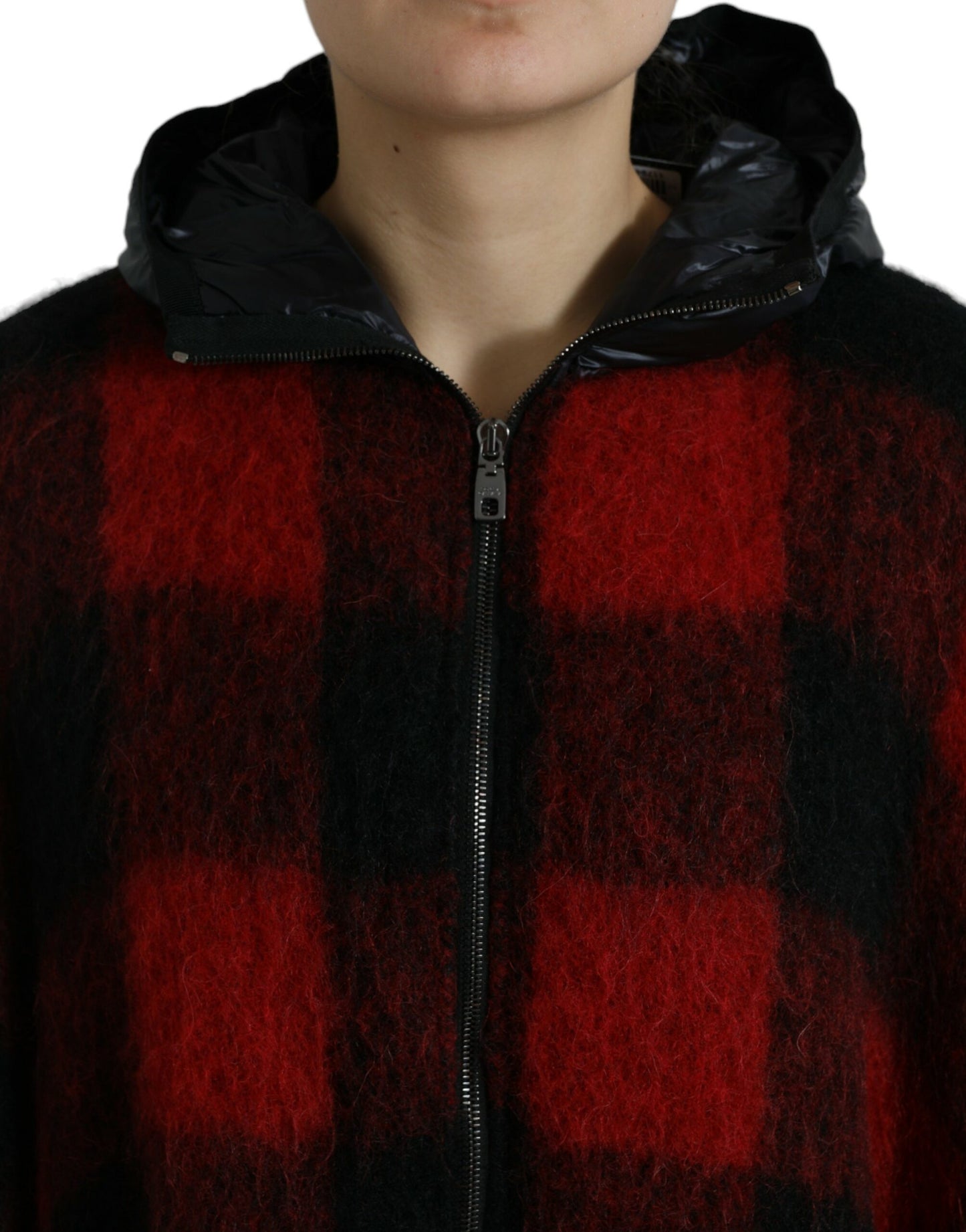 Dolce &amp; Gabbana Black Red Buffalo Check Hooded Poncho Jacket