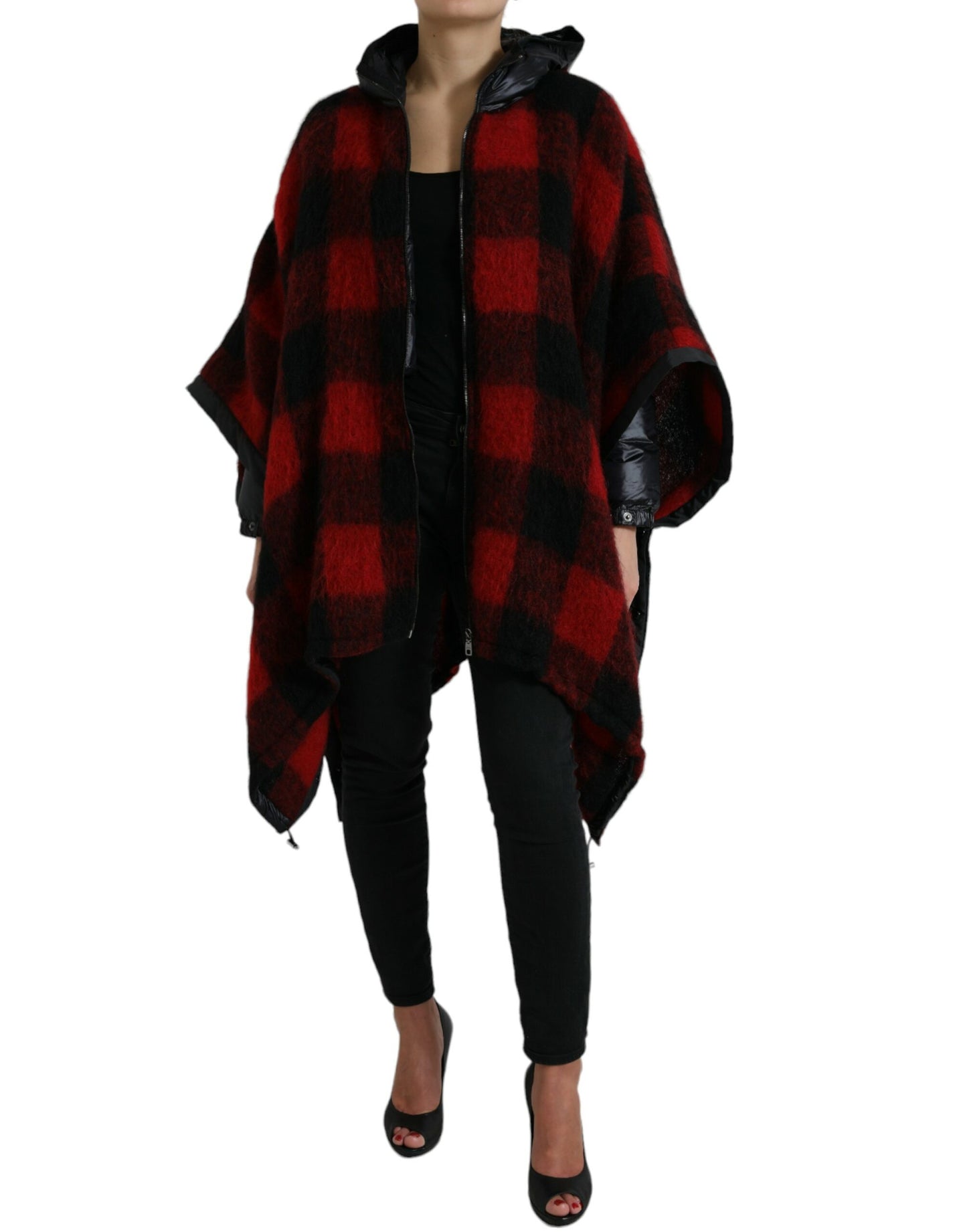 Dolce &amp; Gabbana Black Red Buffalo Check Hooded Poncho Jacket