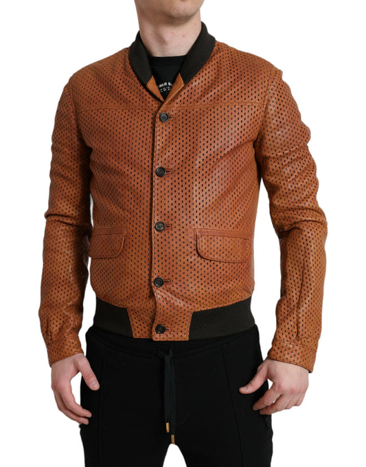 Dolce &amp; Gabbana Brown Lambskin Leather Perforated Jacket