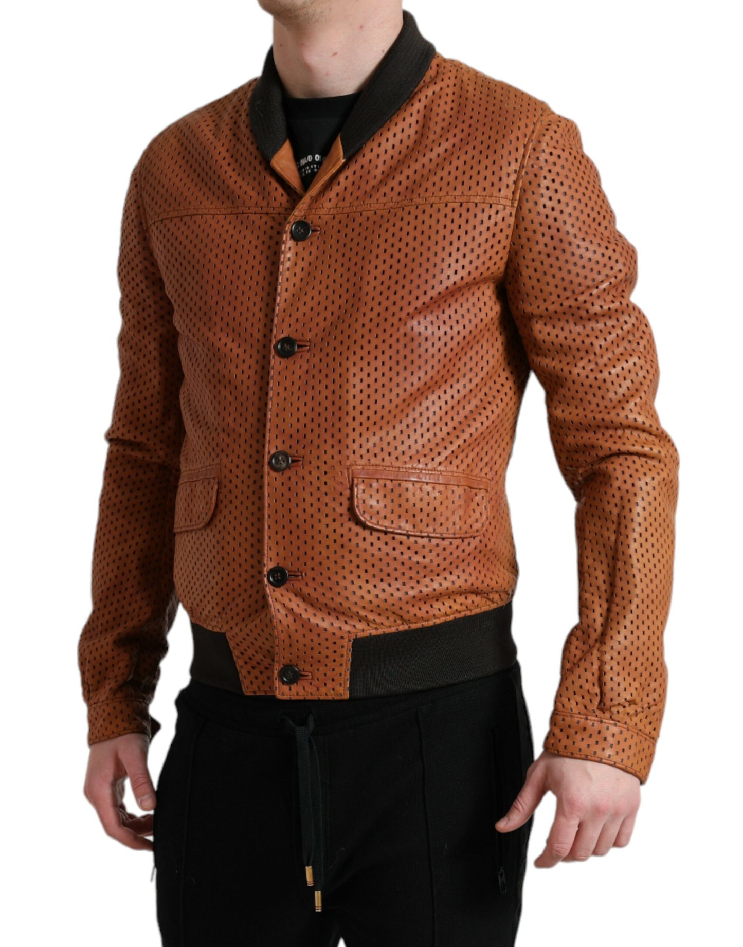 Dolce &amp; Gabbana Brown Lambskin Leather Perforated Jacket