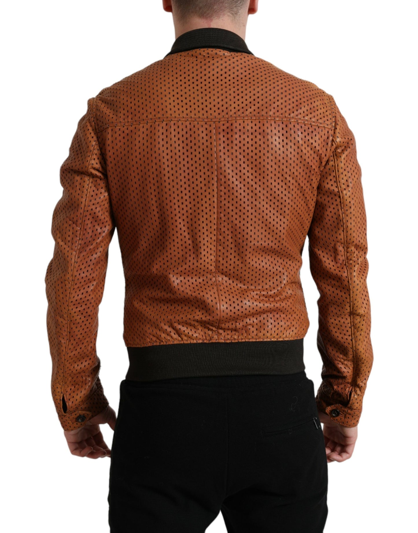 Dolce &amp; Gabbana Brown Lambskin Leather Perforated Jacket