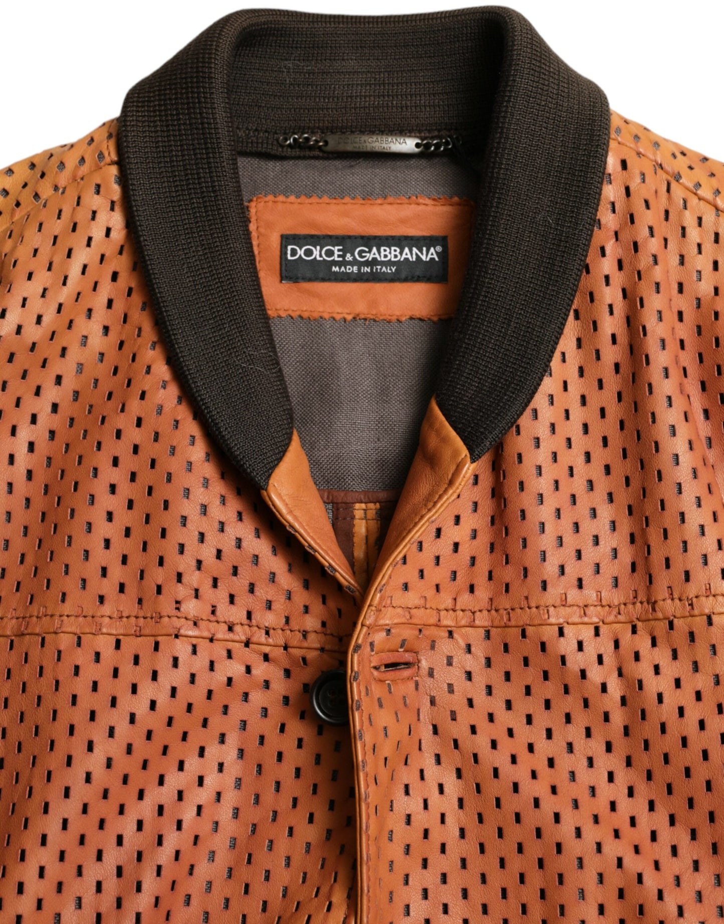 Dolce &amp; Gabbana Brown Lambskin Leather Perforated Jacket