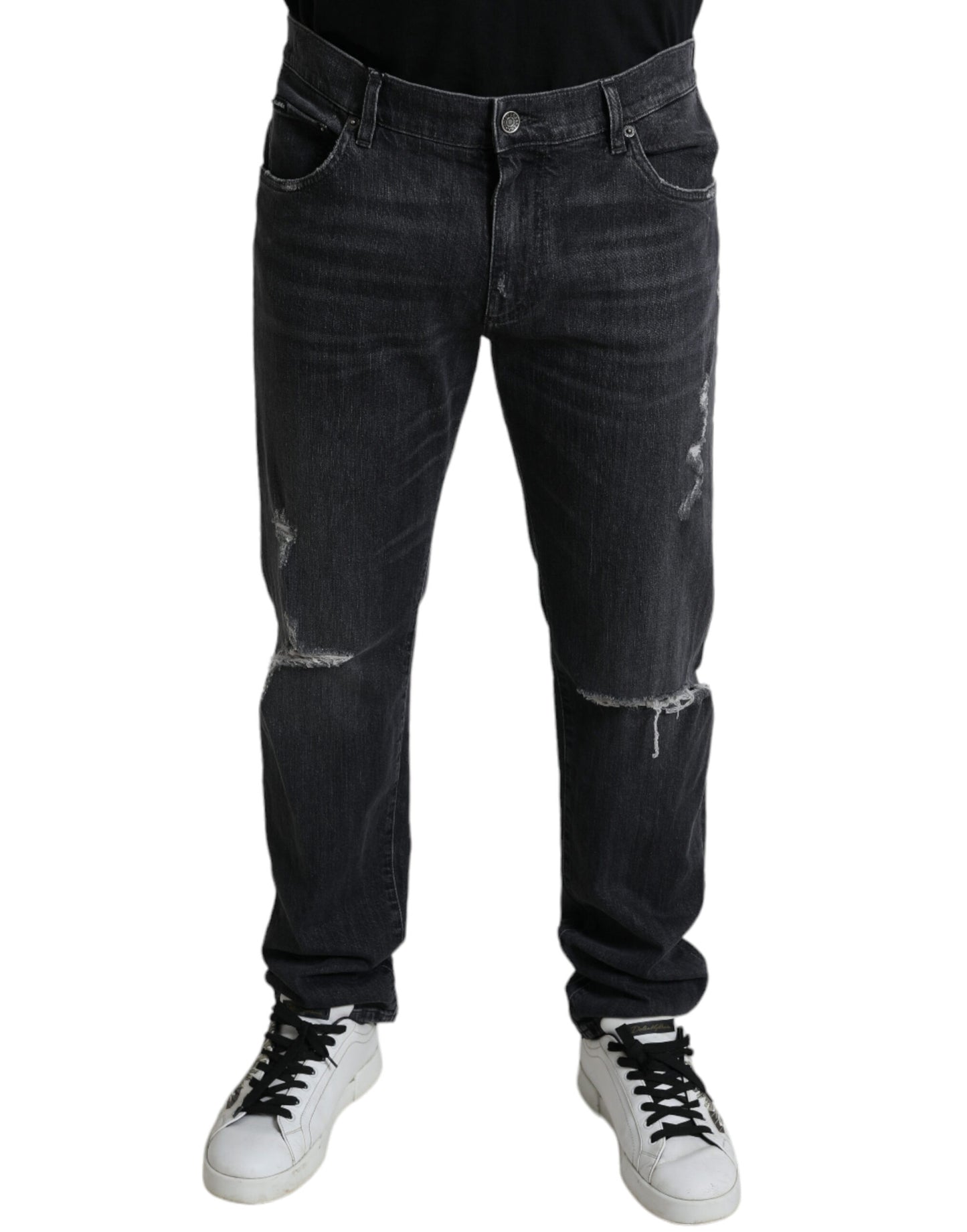 Dolce &amp; Gabbana Gray Tattered Cotton Slim Skinny Denim Jeans