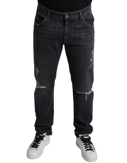 Dolce &amp; Gabbana Gray Tattered Cotton Slim Skinny Denim Jeans