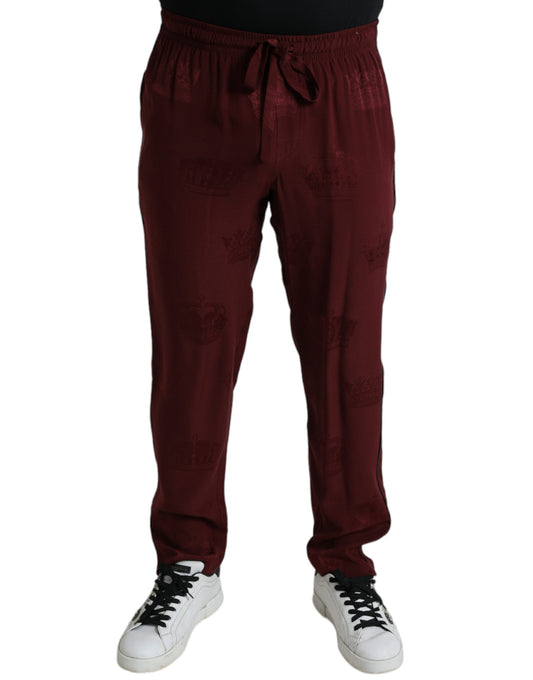 Dolce &amp; Gabbana Maroon Crown Pattern Silk Pajama Pants