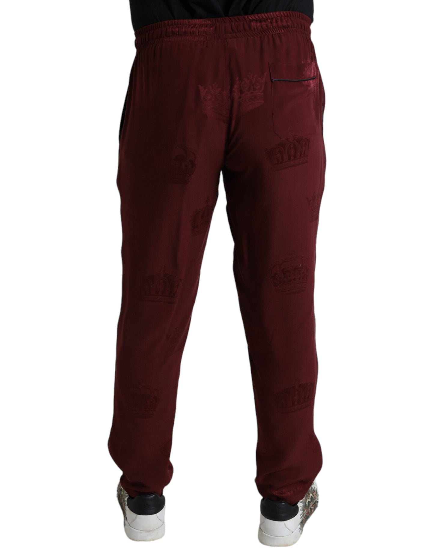 Dolce &amp; Gabbana Maroon Crown Pattern Silk Pajama Pants