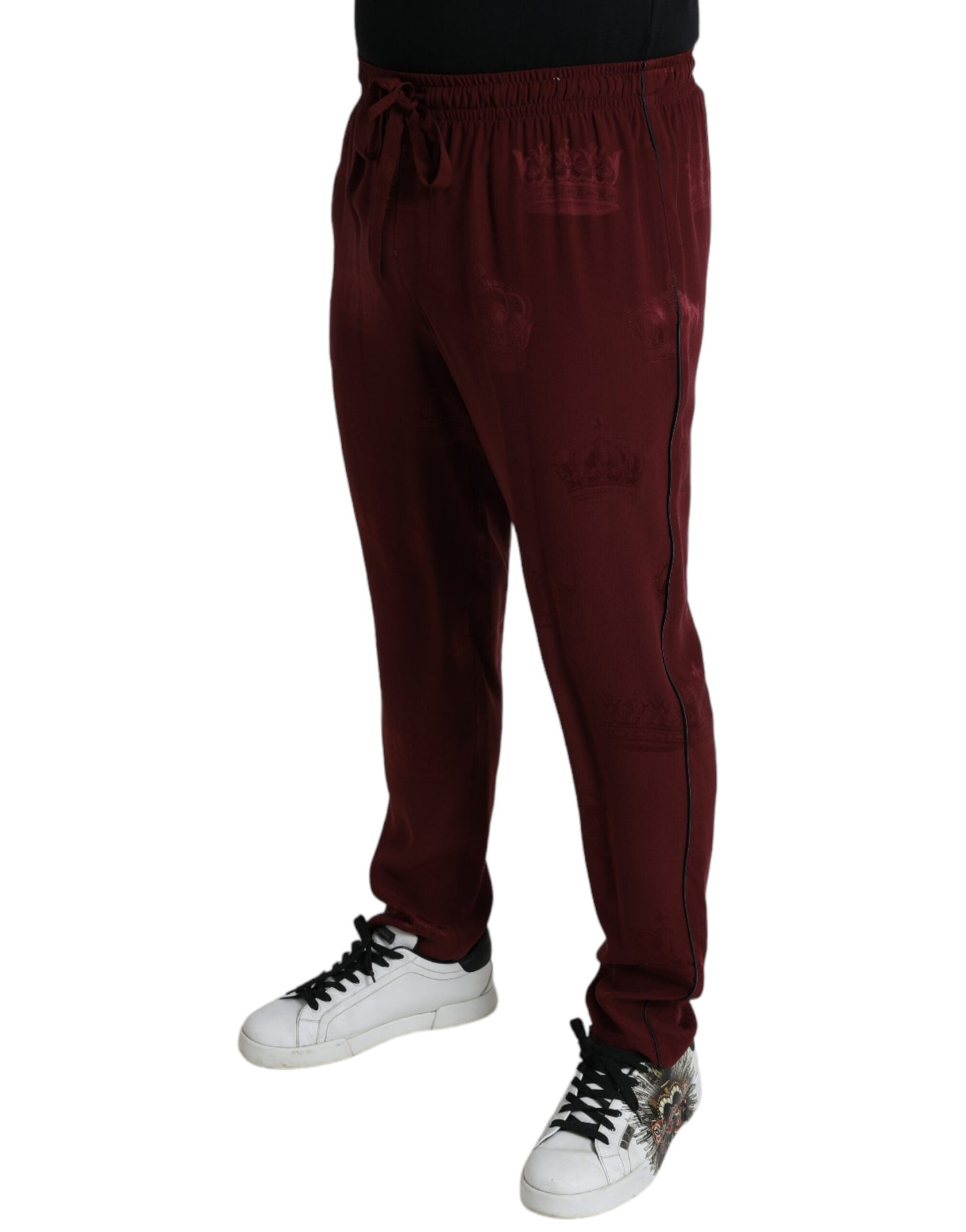 Dolce &amp; Gabbana Maroon Crown Pattern Silk Pajama Pants