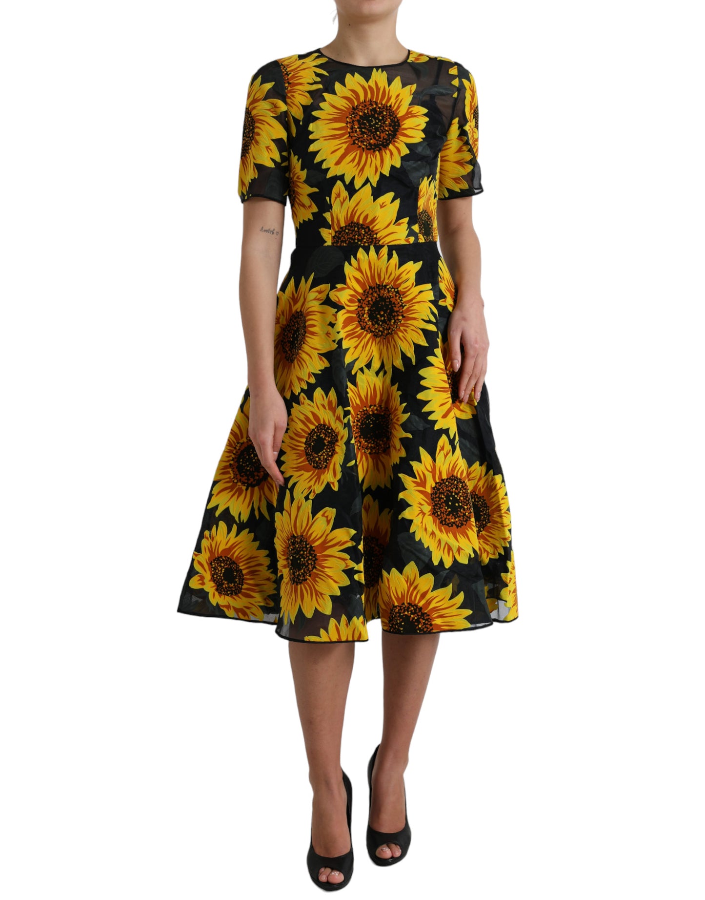 Dolce &amp; Gabbana Black Sunflower Print Nylon A-line Midi Dress