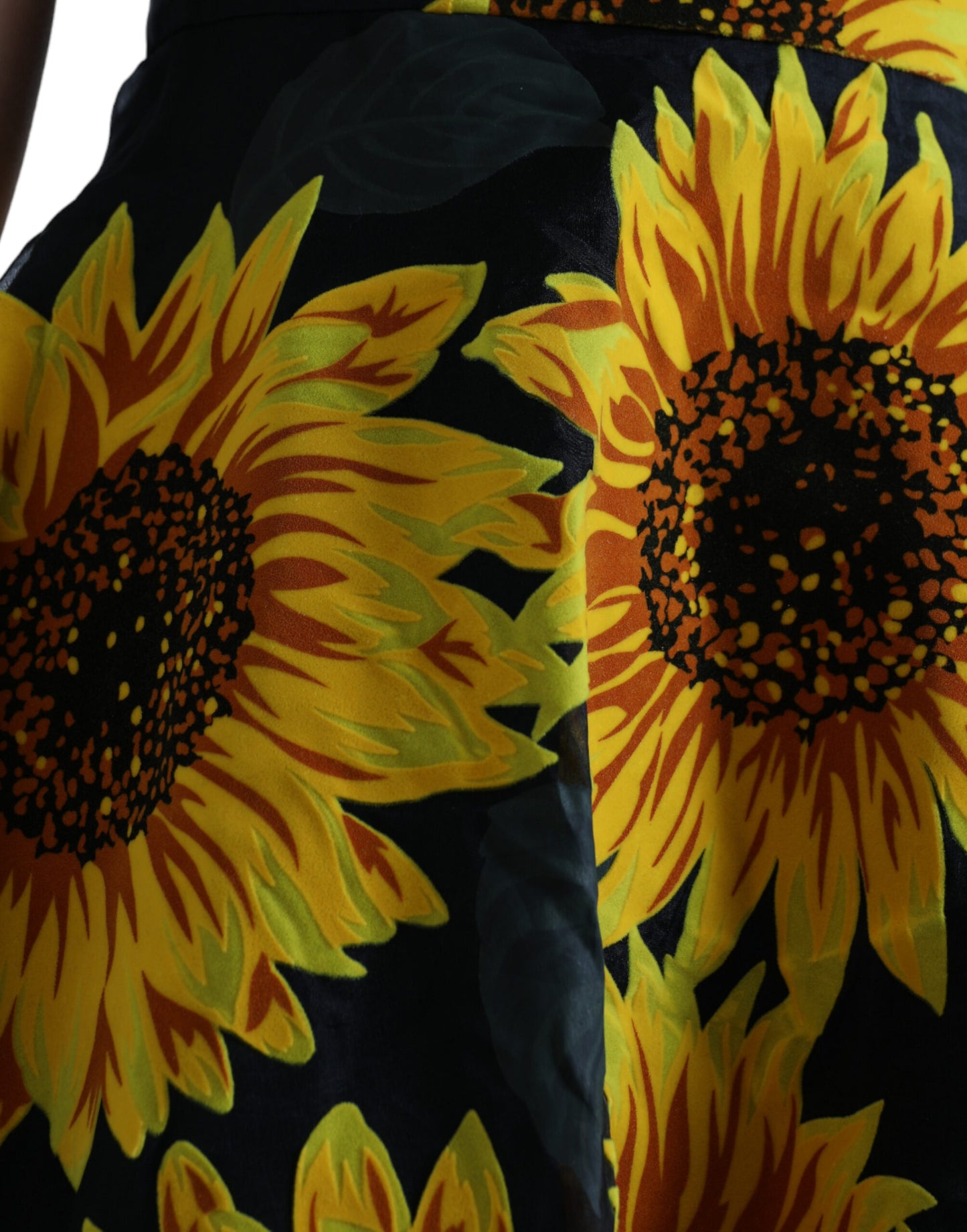 Dolce &amp; Gabbana Black Sunflower Print Nylon A-line Midi Dress