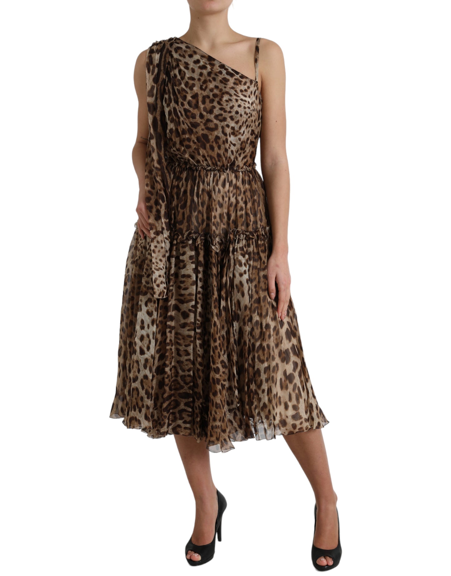 Dolce &amp; Gabbana Brown Leopard Print Silk Ruffled Midi Dress