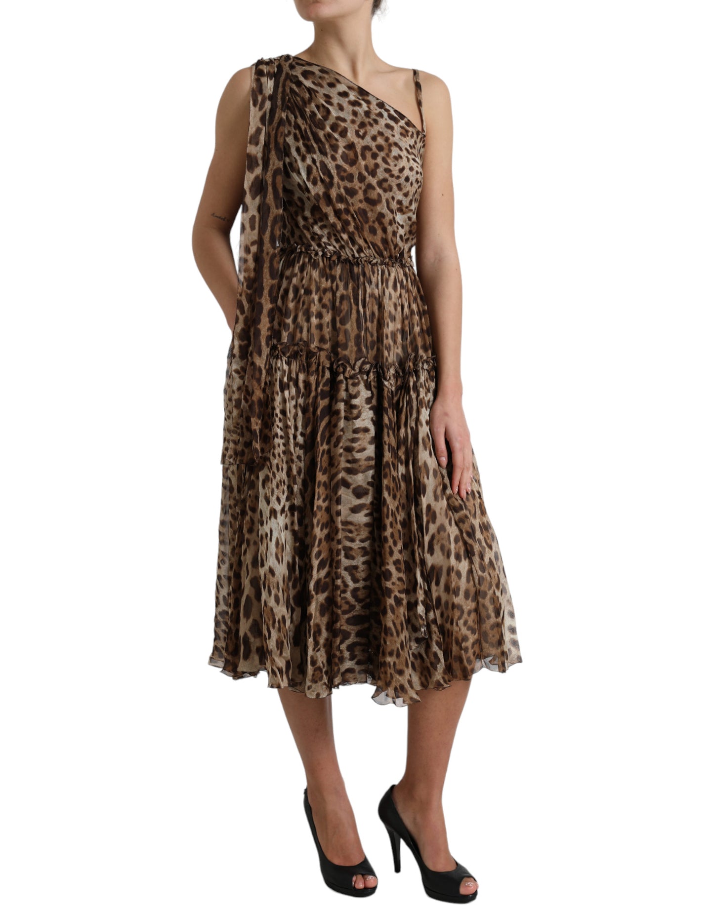 Dolce &amp; Gabbana Brown Leopard Print Silk Ruffled Midi Dress