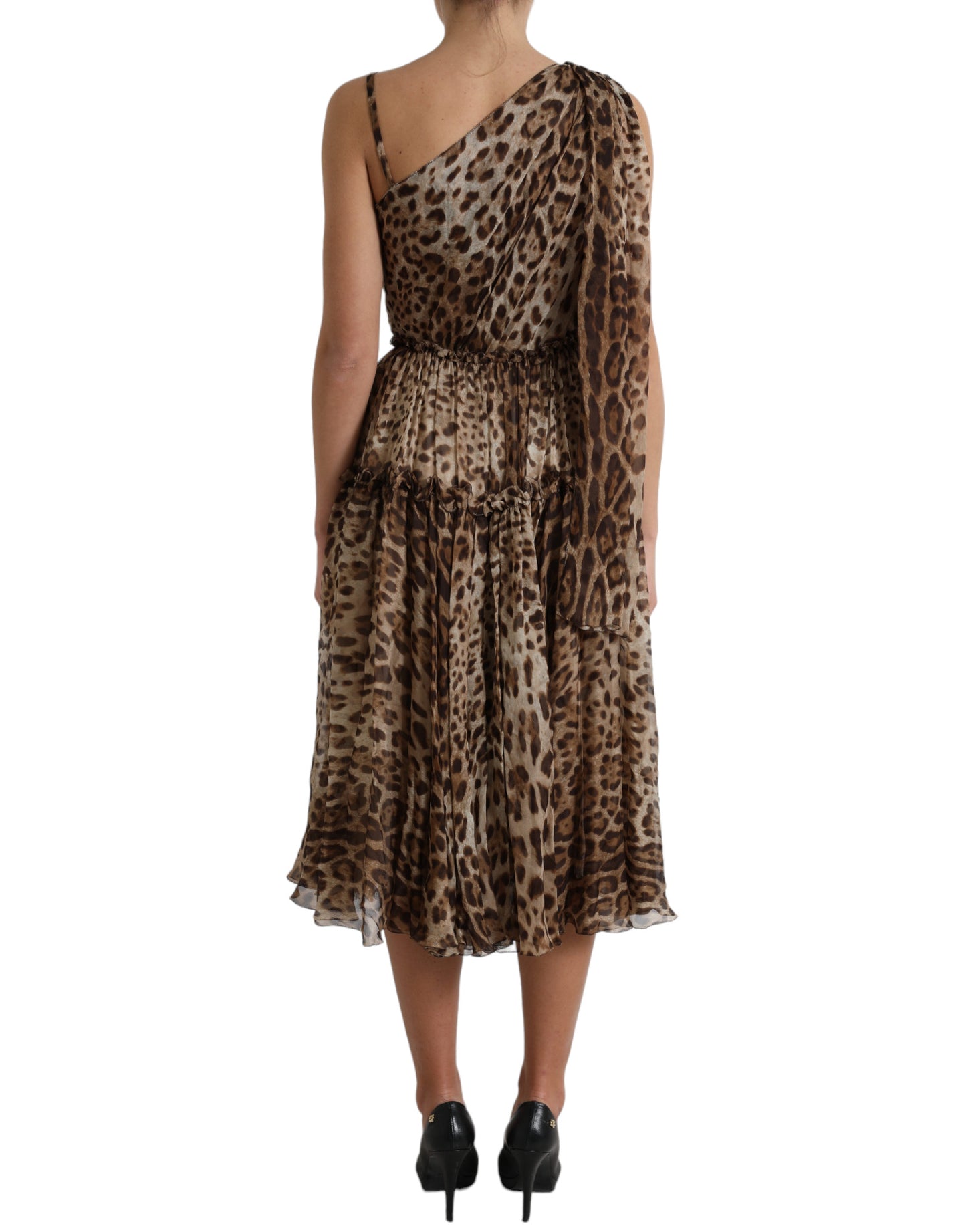 Dolce &amp; Gabbana Brown Leopard Print Silk Ruffled Midi Dress