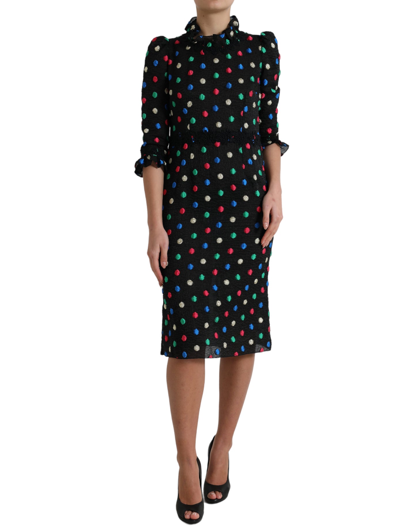 Dolce &amp; Gabbana Black Polka Dot Ruffle Cotton Midi Dress