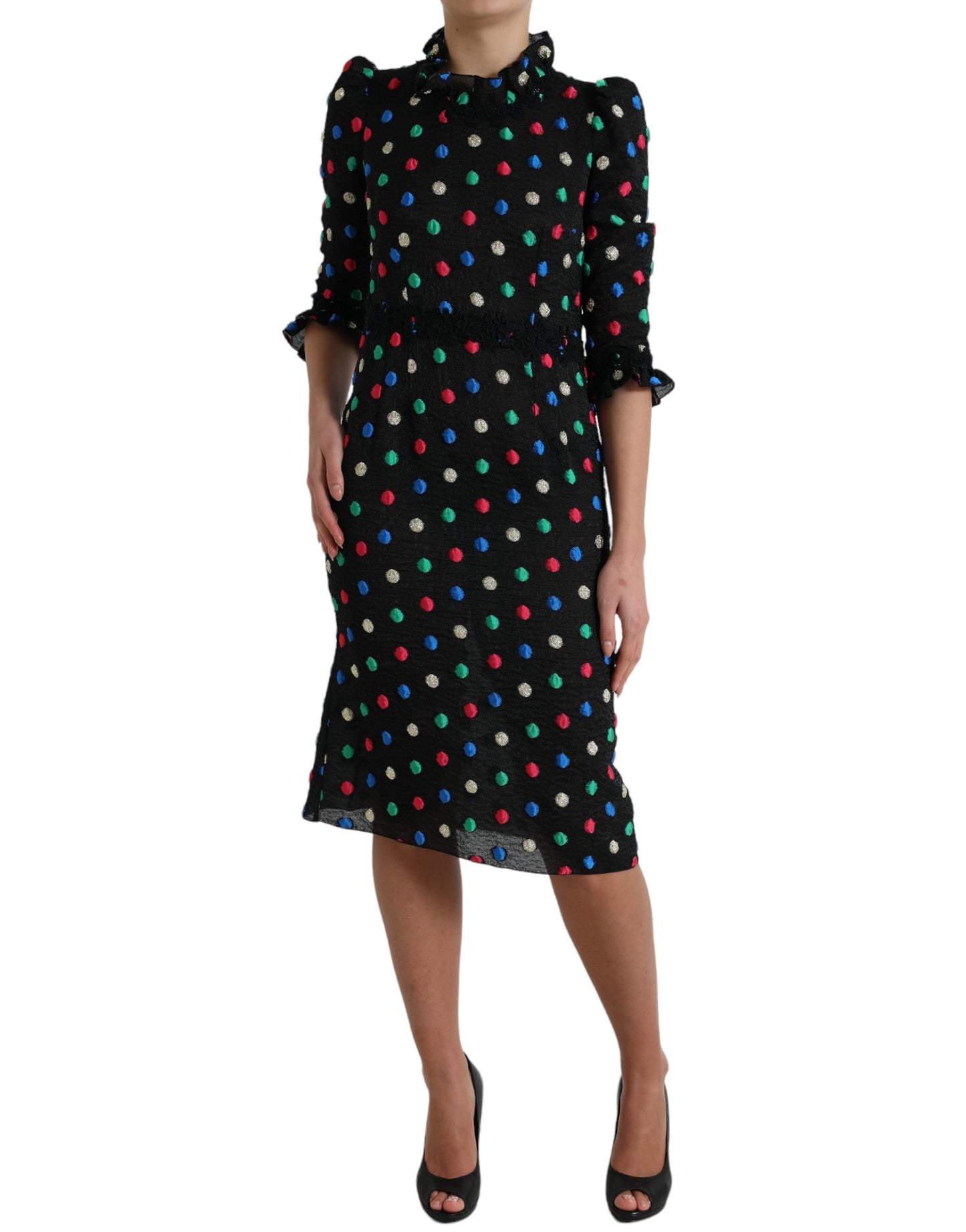 Dolce &amp; Gabbana Black Polka Dot Ruffle Cotton Midi Dress