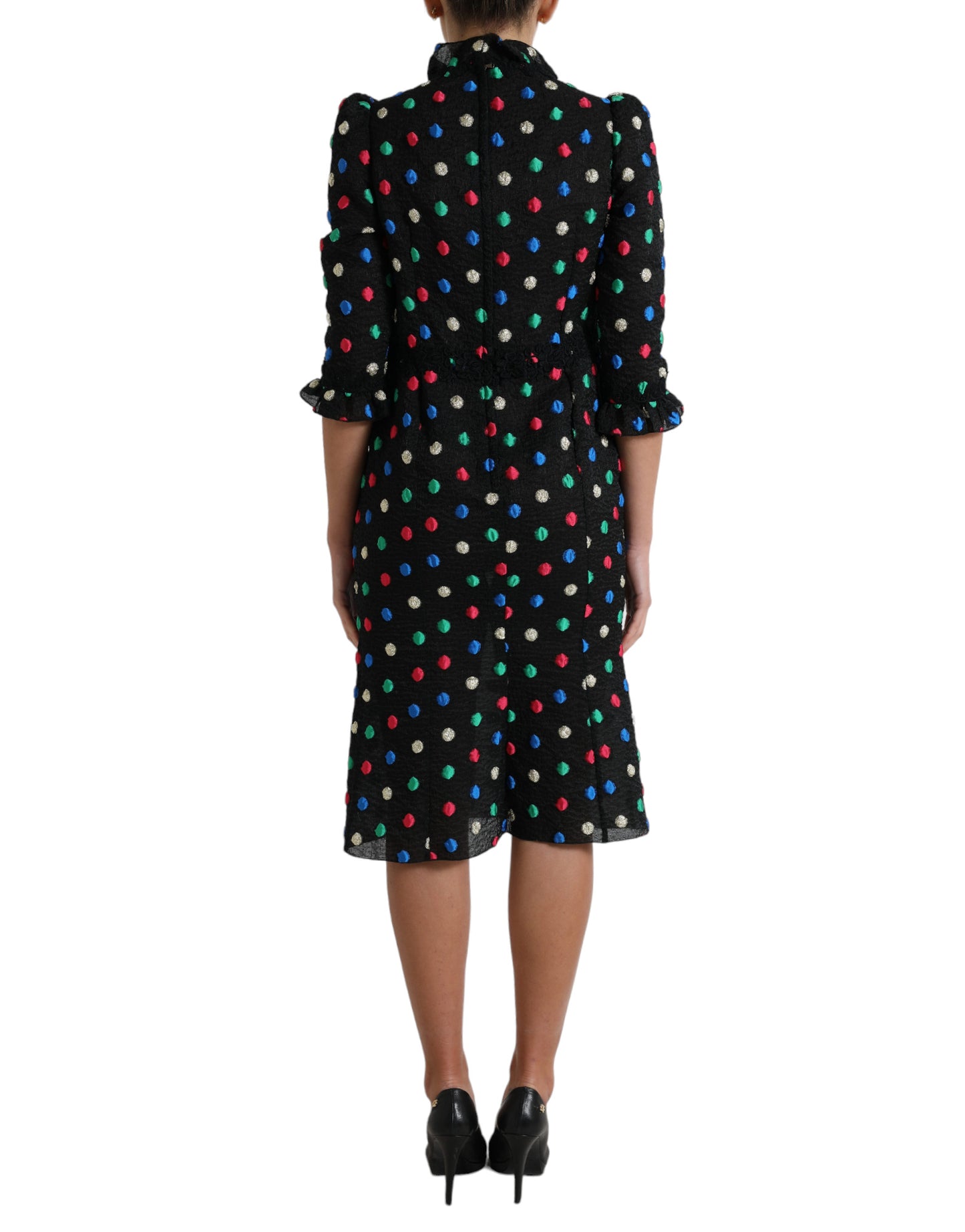 Dolce &amp; Gabbana Black Polka Dot Ruffle Cotton Midi Dress