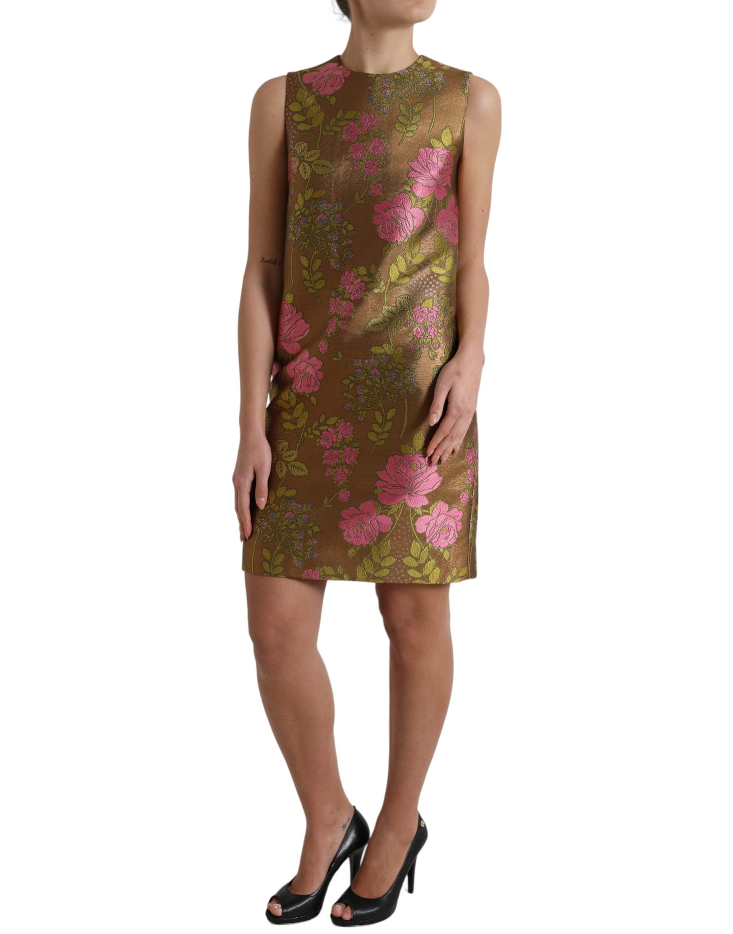 Dolce &amp; Gabbana Brown Floral Jacquard Sleeveless Mini Dress