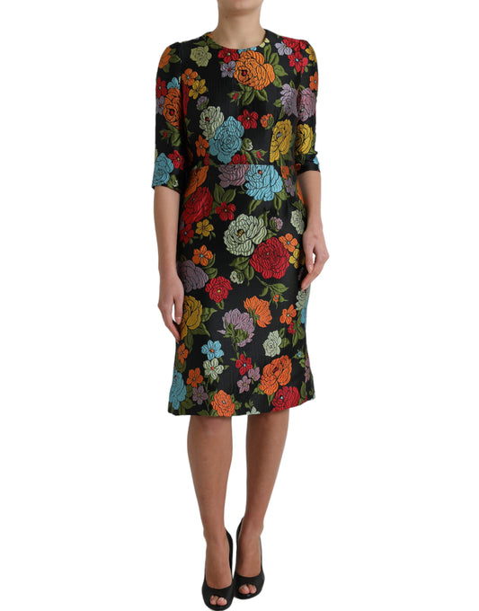 Dolce &amp; Gabbana Black Floral Embroidery Knee Length Dress