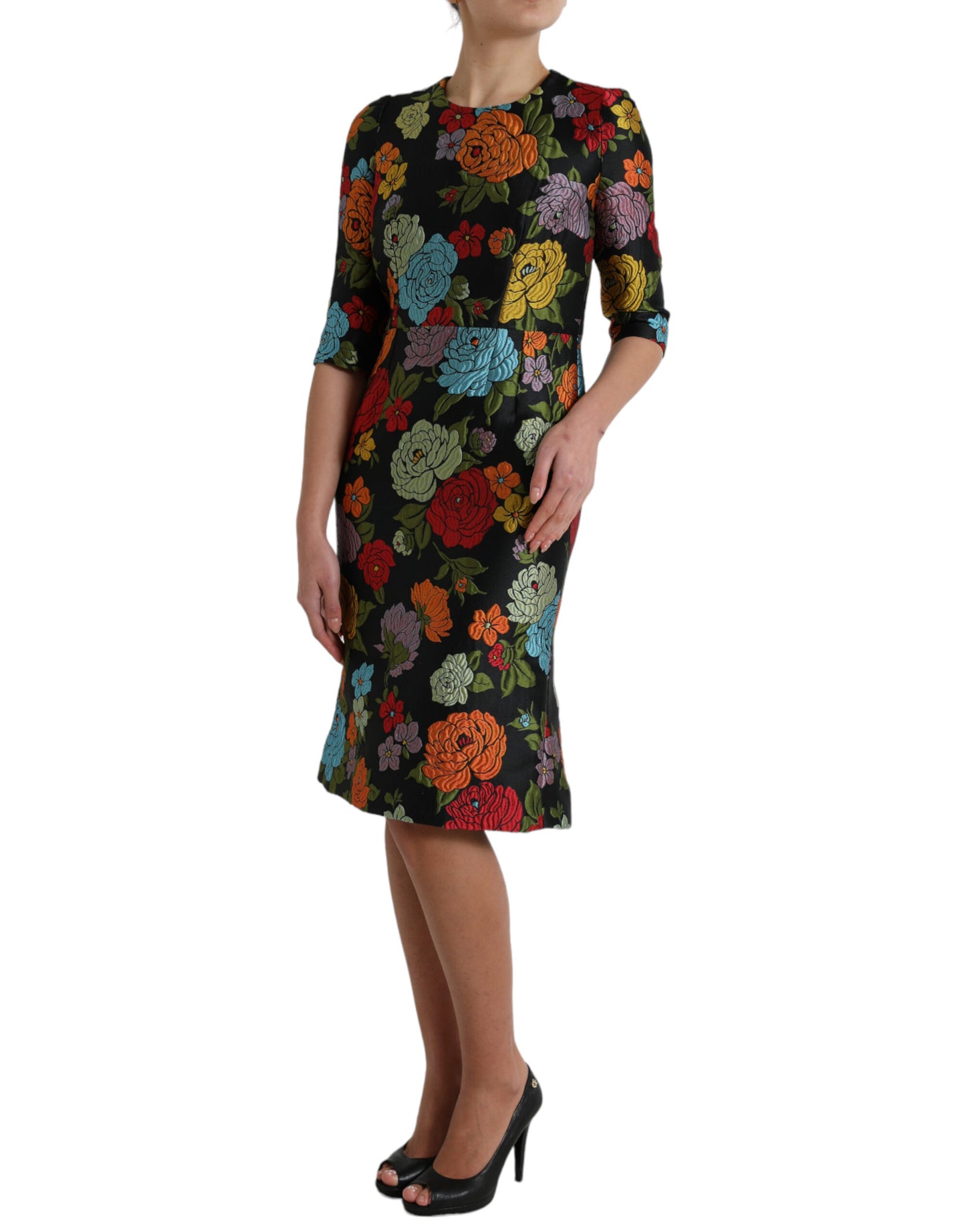 Dolce &amp; Gabbana Black Floral Embroidery Knee Length Dress