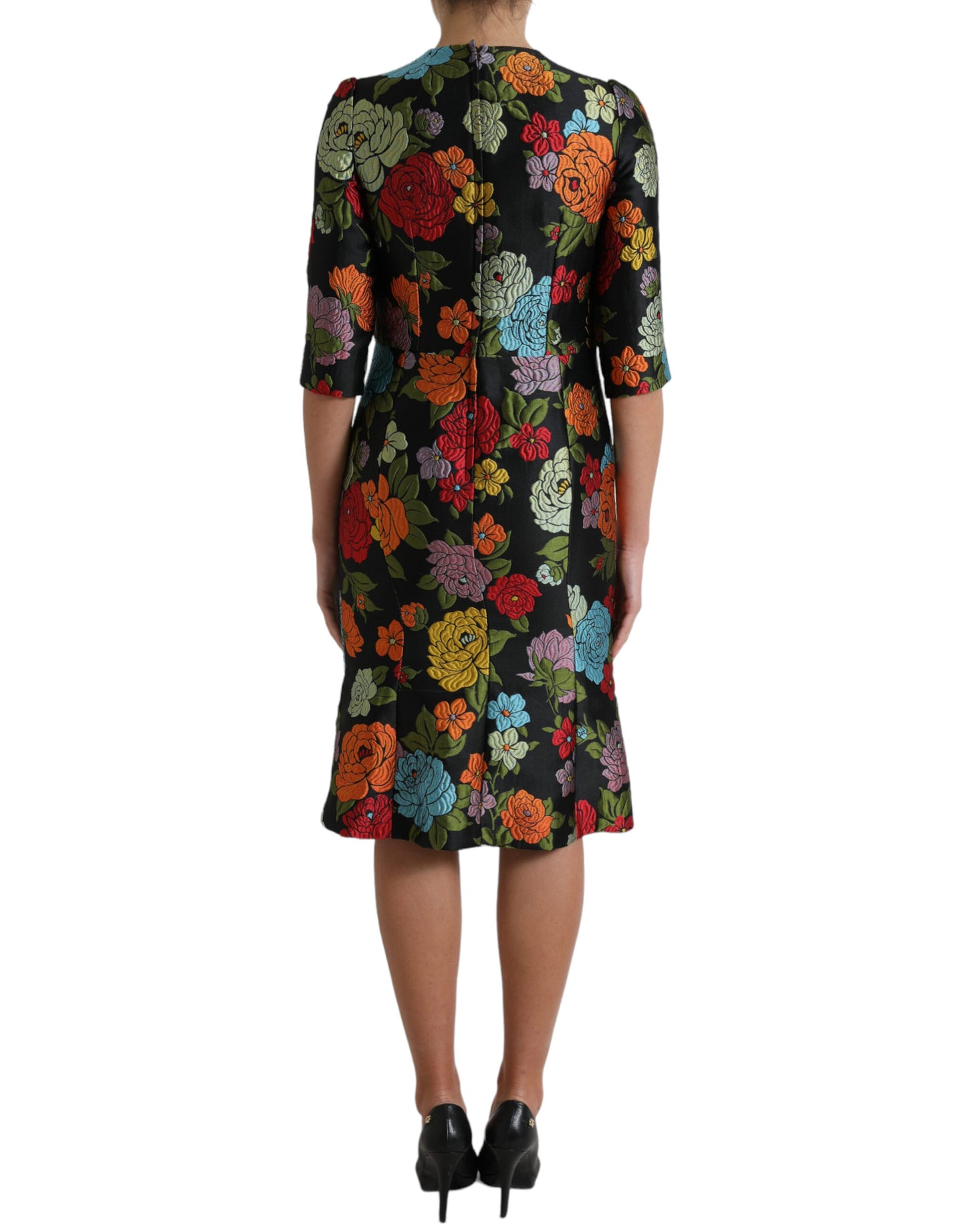 Dolce &amp; Gabbana Black Floral Embroidery Knee Length Dress