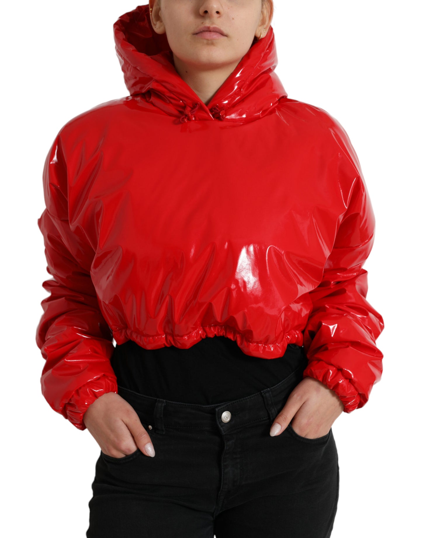 Dolce &amp; Gabbana Shiny Red Hooded Cropped Short Coat Jacket