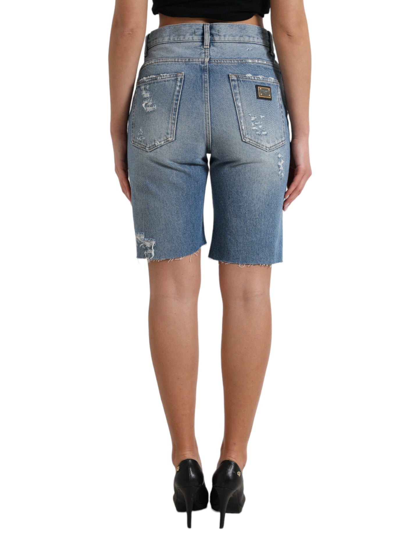 Dolce &amp; Gabbana Blue Tattered Embellished Bermuda Shorts