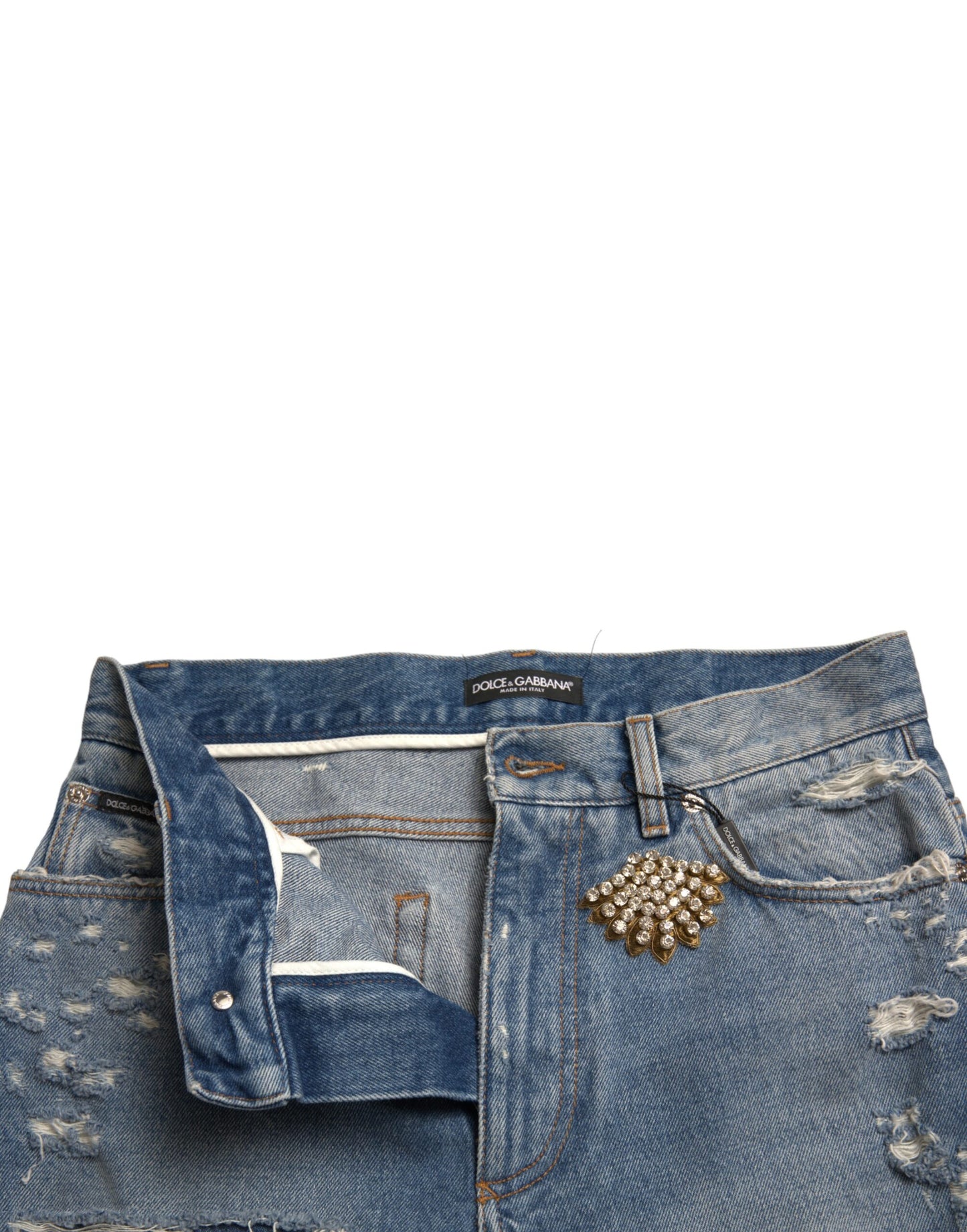 Dolce &amp; Gabbana Blue Tattered Embellished Bermuda Shorts