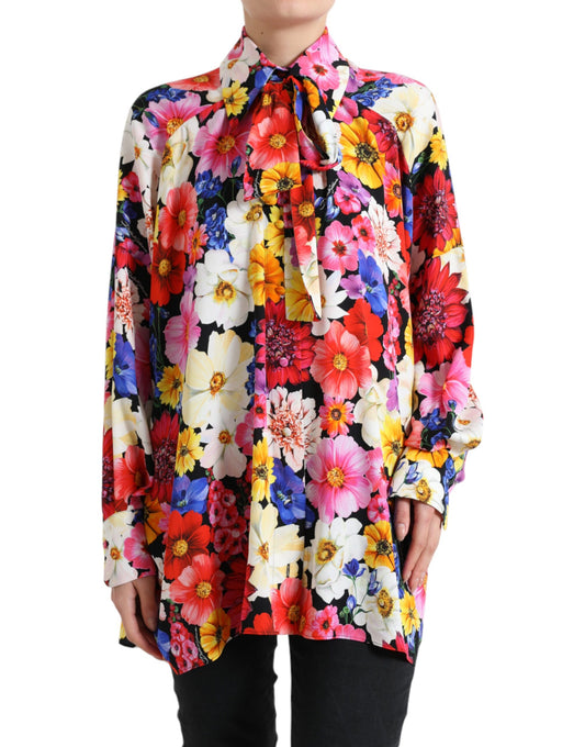 Dolce &amp; Gabbana Multicolor Floral Ascot Collared Blouse Top