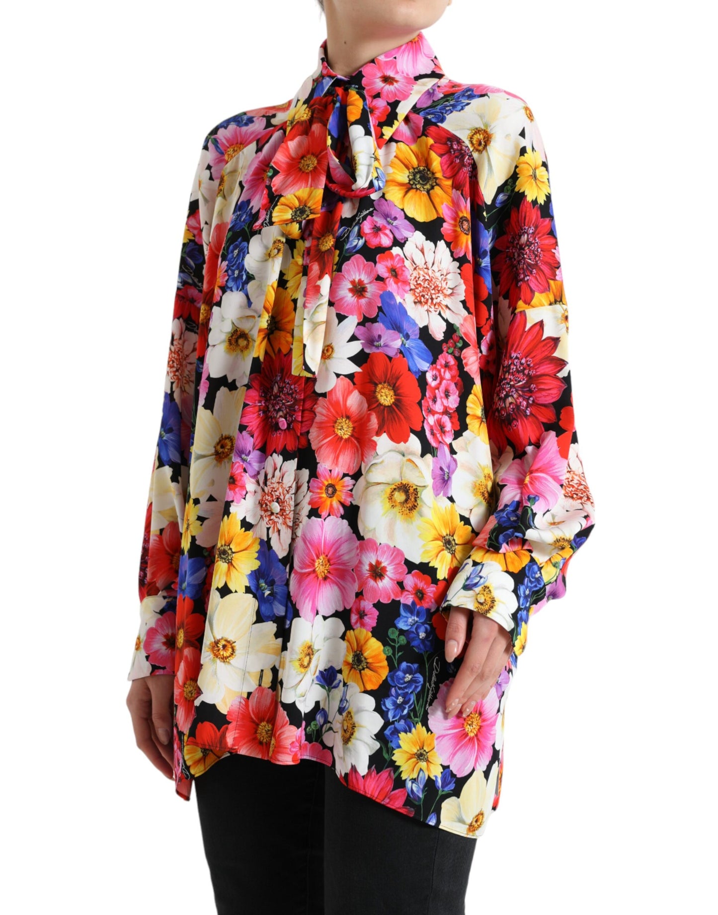 Dolce &amp; Gabbana Multicolor Floral Ascot Collared Blouse Top