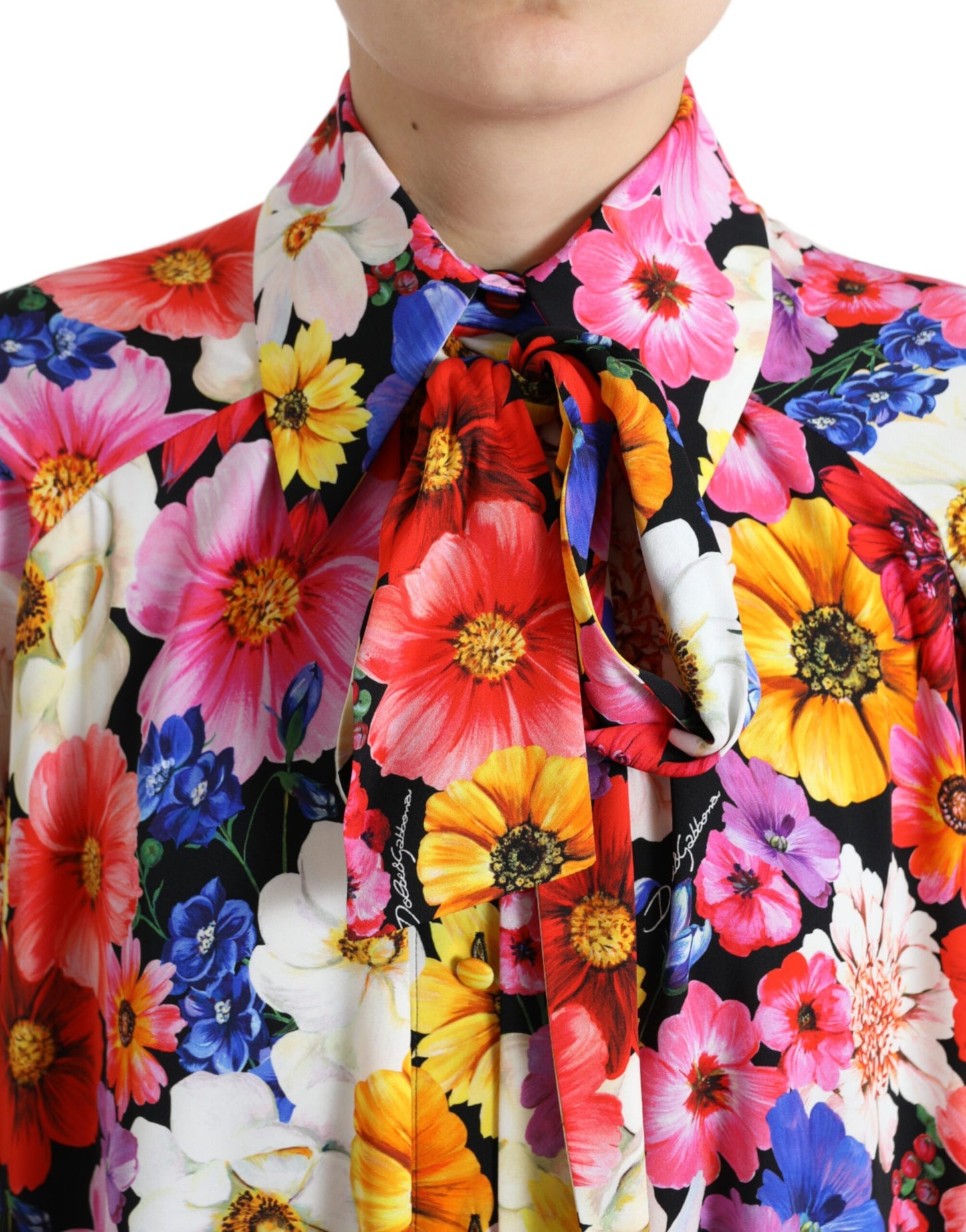 Dolce &amp; Gabbana Multicolor Floral Ascot Collared Blouse Top