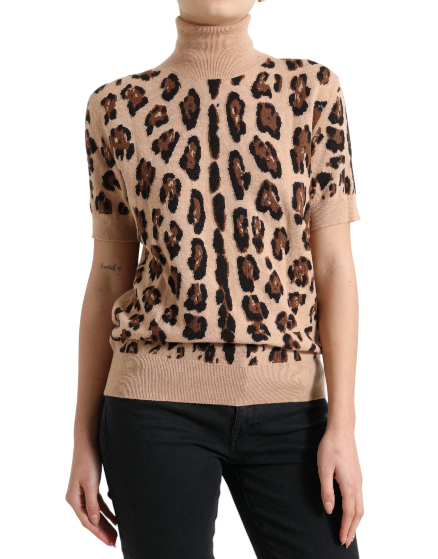 Dolce &amp; Gabbana Beige Leopard Print Wool Turtleneck Top