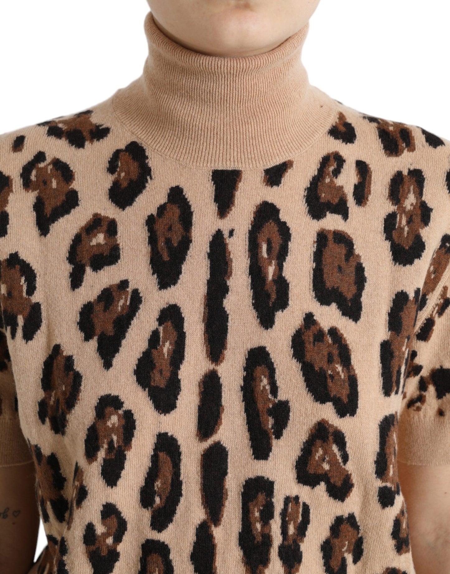 Dolce &amp; Gabbana Beige Leopard Print Wool Turtleneck Top